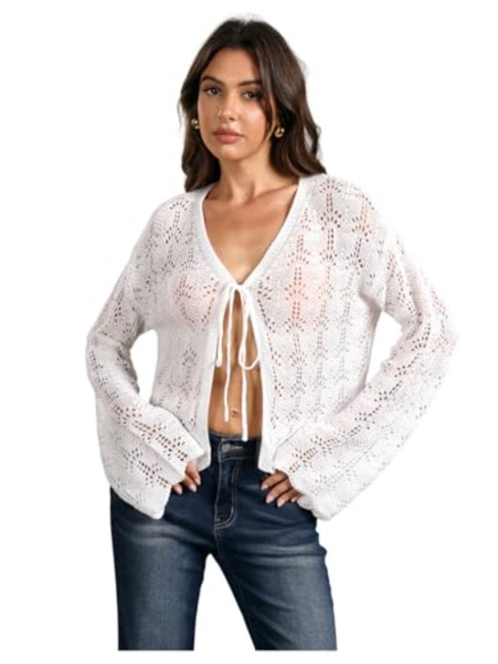 Floerns Women Hollow Out Knit Cardigan Tie Front V-Neck Long Sleeve